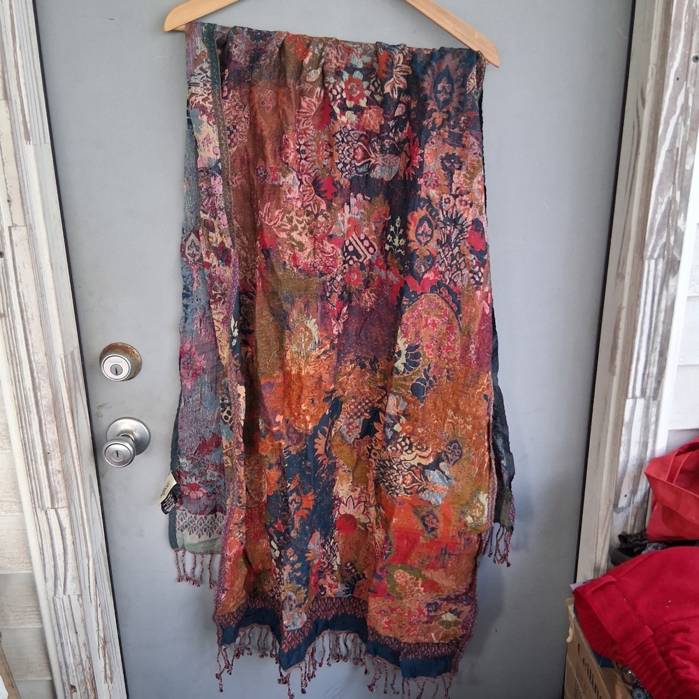 Signals Floral Tapestry Wrap Scarf Rust Navy Cotton Wool Blend Fringe Shawl